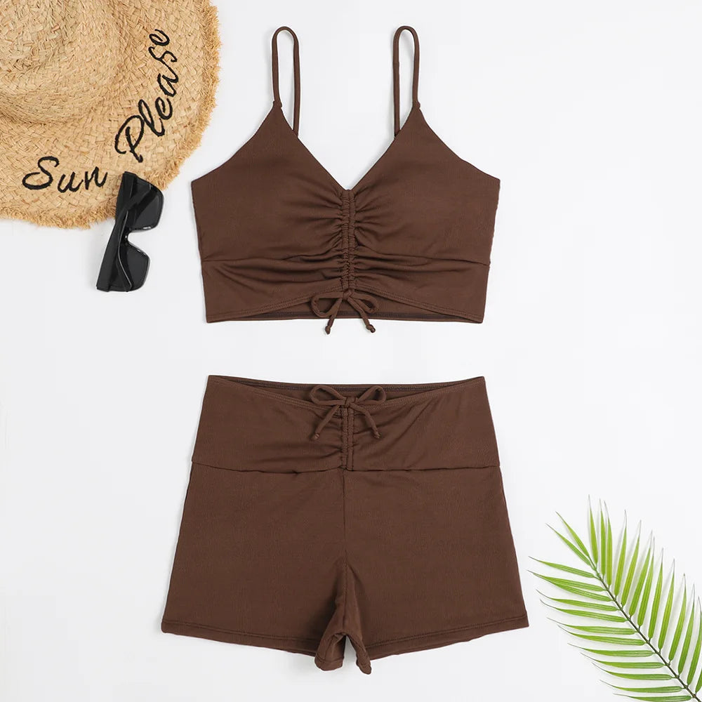 High Waist Bikini Swimsuit Women 2024 Floral Print Swim Suits Drawstring Front Shorts Boxers Swimwear Trunks Pool Bathing Suit