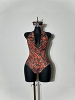 DEKA Women's New Sexy Red Snake Deep V One-piece Swimsuit With Chest Pad Print Adjustable Suspenders Backless Swimsuit