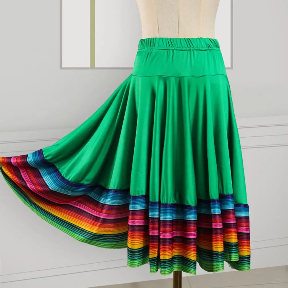 High Waist Spanish Swing Skirt Midi Skirt Ladies Folk Dance Skirt Elastic Large Swing Hem Mexican Flamenco Performance Skirts