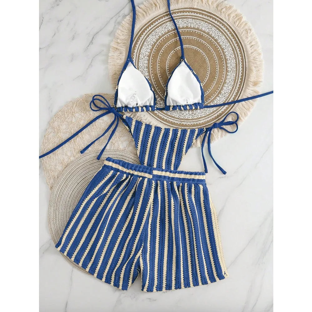 New Retro 3 Pieces Knitted Mesh String Bikini Set Swimsuit Women Blue Striped Swimwear with Shorts Beach Wear Boho Bathing Suit