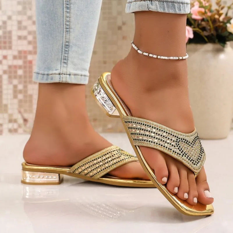 2026 New Woman Square Head Slippers Simple Versatile Women's Water Diamond Sandals Thick Bottom Non Slip Women Flip Flops