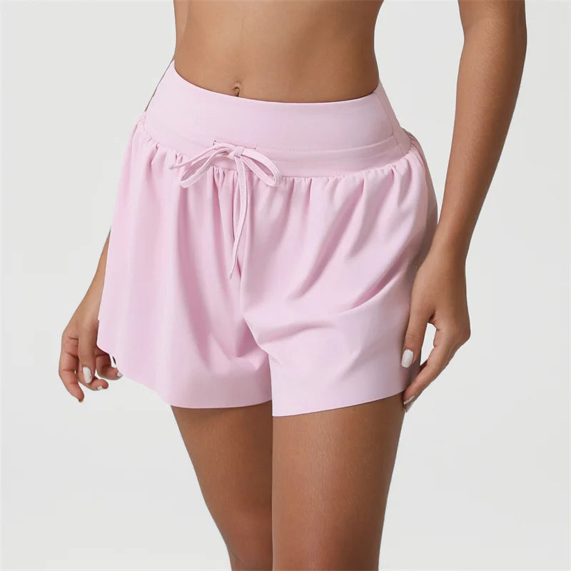 Women's Loose Nude Sports Shorts Solid Pink Drawstring High Waist Yoga Leggings Outdoor Running Casual Fitness Exercise Shorts