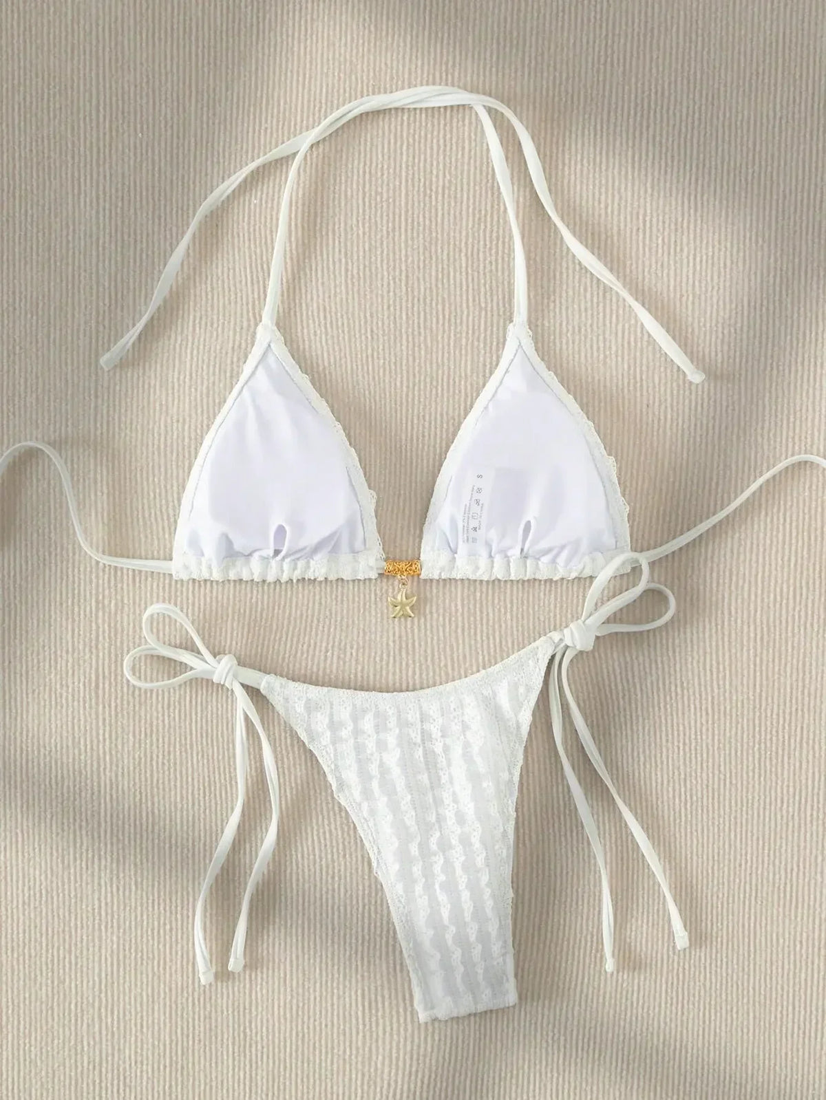 Sexy White Bikini 2025 Women Halter Lace Push Up Metal Designer Micro Swimsuit Brazilian Bathing Suit Tie Side Thong Swimwear