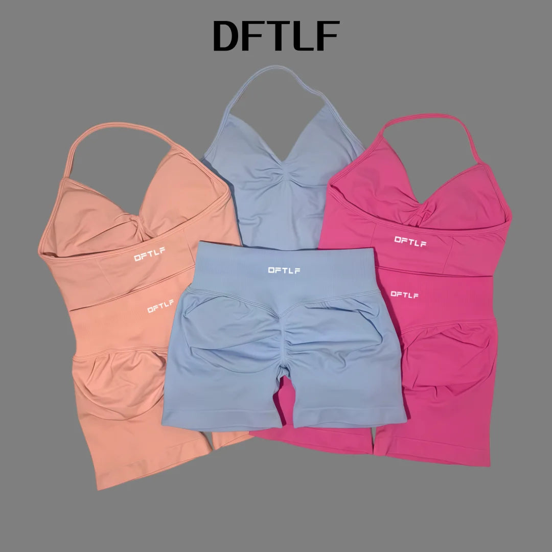 DFTLF 2 Pieces Sports Set Women Backless Tank Yoga Tops High Waist Scrunch Seamless Shorts Sport Gym Set Sportswear Workout Set
