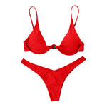 Sexy Underwire Bikini 2024 Mujer Women Solid Red Push Up Bra Thong Swimsuit Halter V Neck Bathing Suit Mini Micro Thong Swimwear
