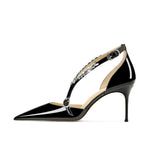 Rhinestone High Heels 2025 Summer Versatile Pointed Heel One-word Buckle Bag Head Sandals Women Black Strap High Heel Sandals 45