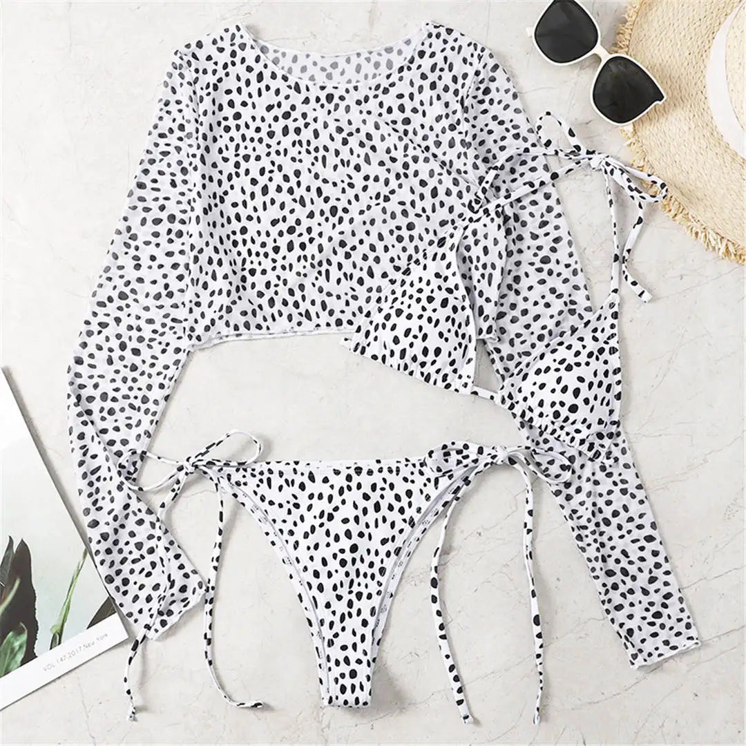 S- XXL Leopard Printed Long Sleeve Bikini Women Swimwear Female Swimsuit Three-Pieces Bikini Set Bather Bathing Suit Swim V3193Y