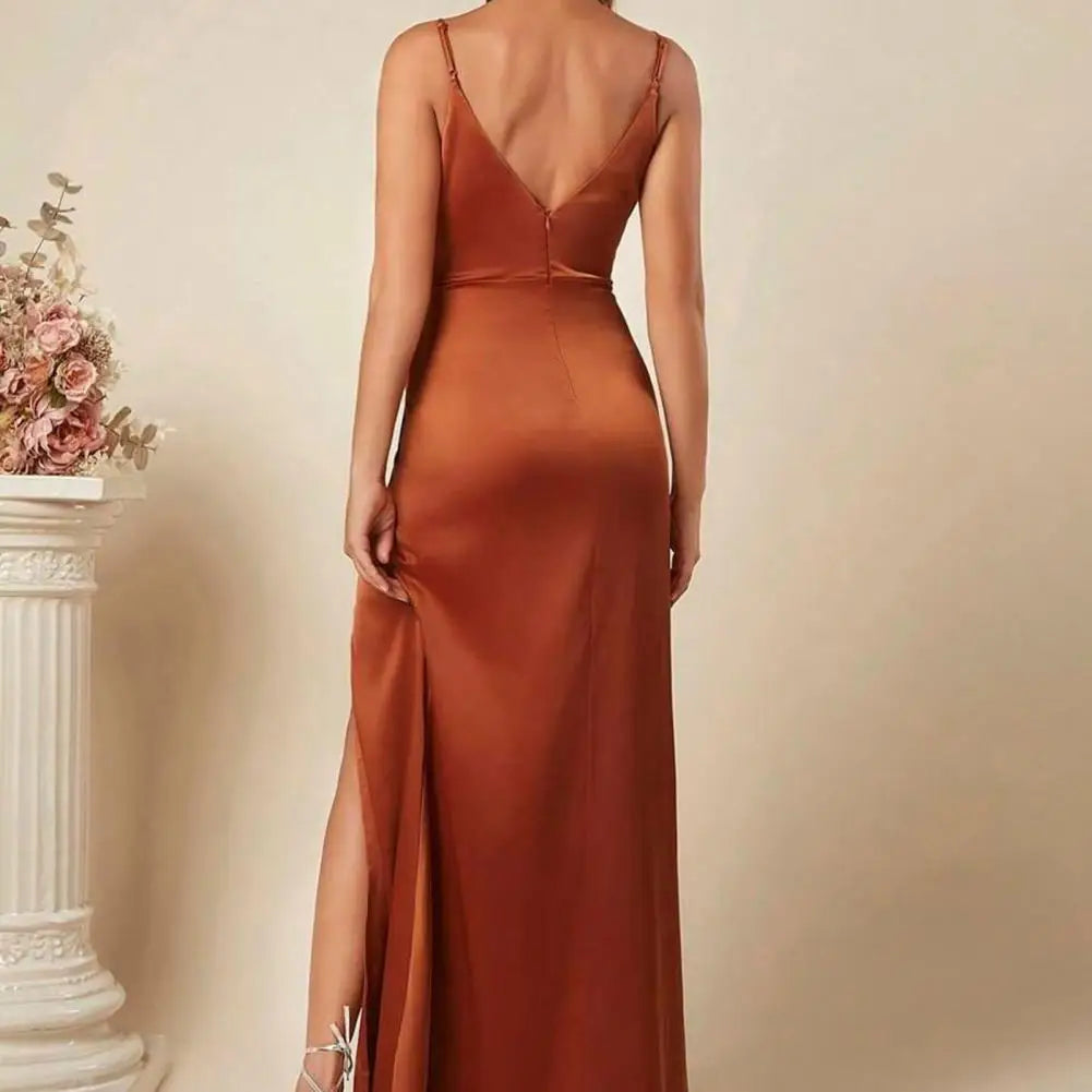 Women's Spaghetti Strap Satin Slit Dress Ruched V Neck Sleeveless Prom Dress Mermaid Bridesmaid Dress for Formal Evening Gown