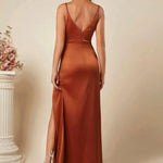 Women's Spaghetti Strap Satin Slit Dress Ruched V Neck Sleeveless Prom Dress Mermaid Bridesmaid Dress for Formal Evening Gown