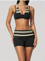 Breathable Striped Patchwork Yoga Clothing Women Fake Two-piece Sports Bra Folding High Waist Shorts Gym Running Fitness Suit