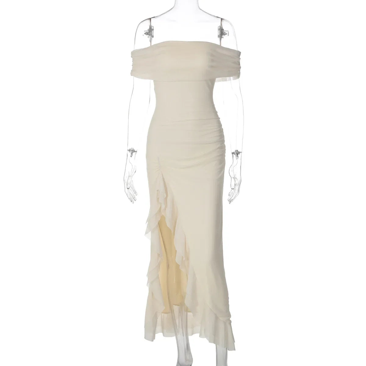 FDYOUI Elegant Slash Neck Ruffles High Slit Long Party Dresses for Women 2026 Summer Sleeveless Bodycon Evening Dress Lady Gowns