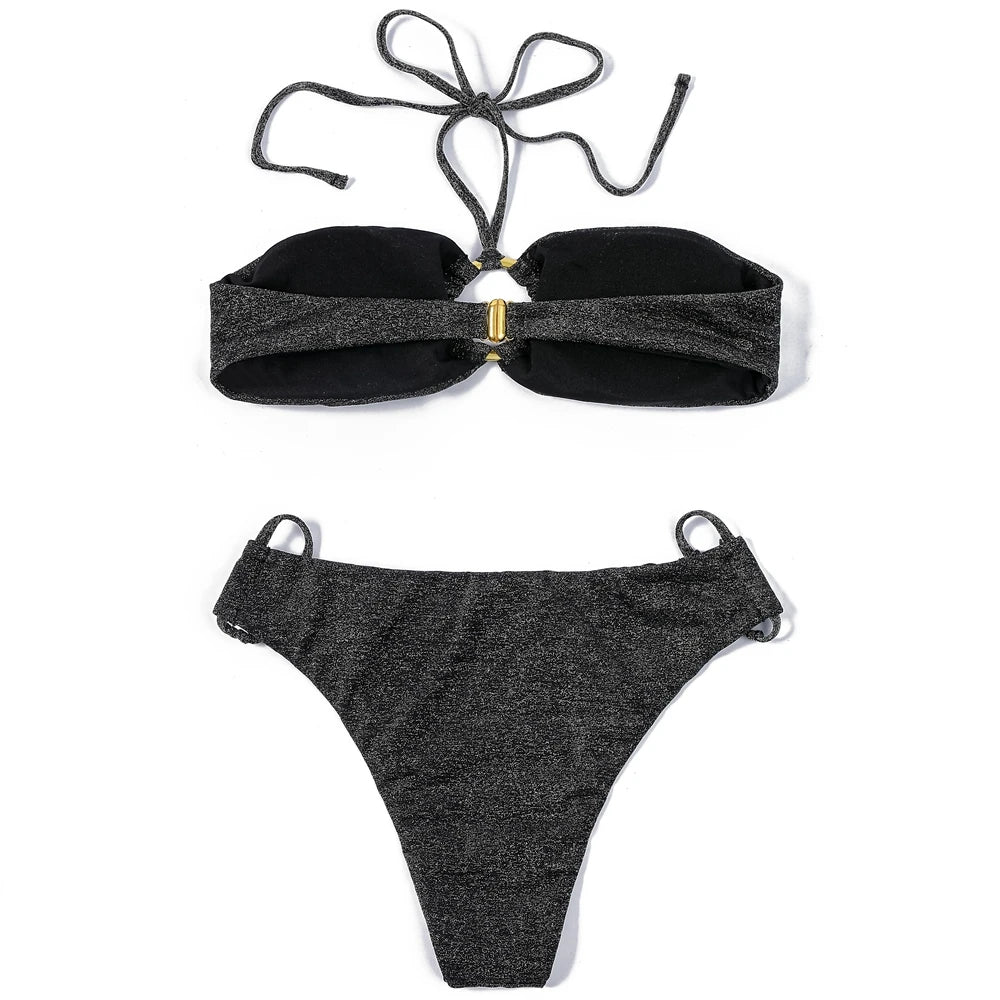ZTVitality Shiny Black Women Swimsuit Sexy Bikini 2022 New Arrival Halter Padded Bandage Ring Beach Swimwear Brazilian Biquini
