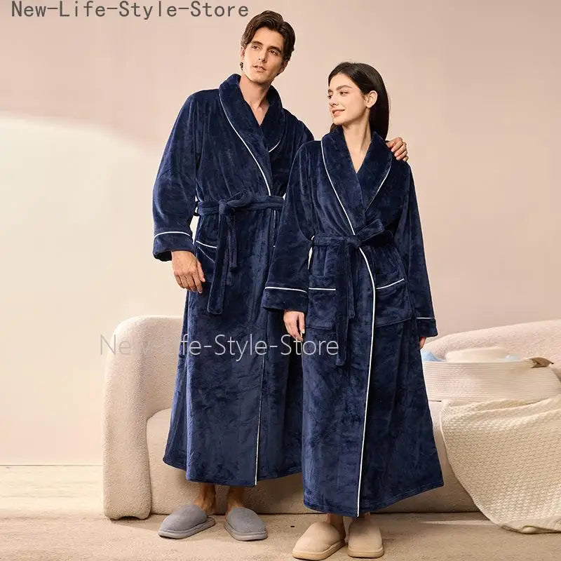 2026 Autumn Winter New Thick Coral Fleece Couple Bathrobe, Long Flannel Robe for Men Women Warm Home Pajamas Loungewear