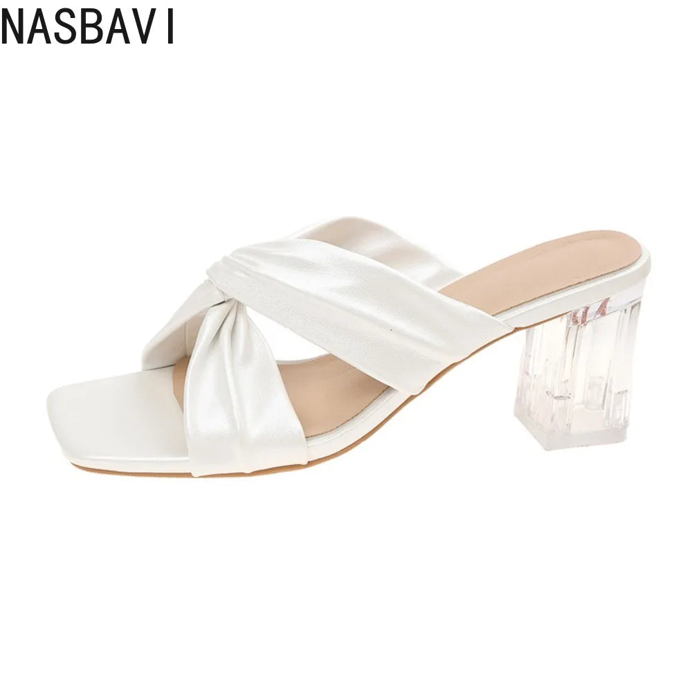 White French Cross Band Square Head Sandals Women Summer Outdoor Wear Thick Heel Beach Crystal Dress Slippers Fashionable Shoes