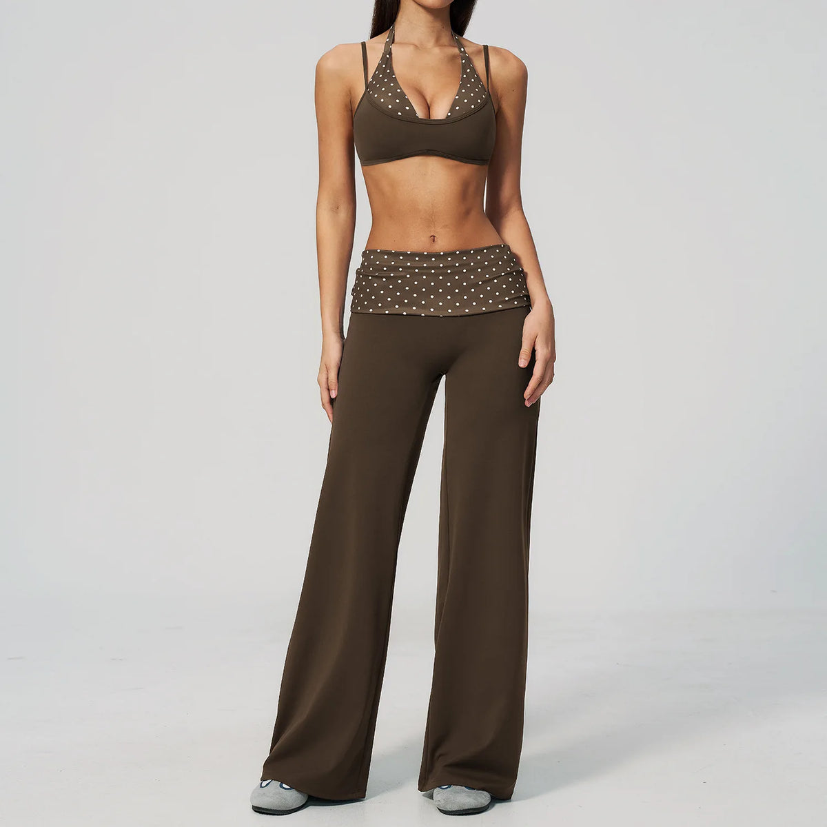 Fake Two-piece Sports Bra Yoga Sets Women Coffee Striped Patchwork Folding High Waist Wide Leg Pants Gym Running Fitness Suits