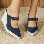 2025 Women's Sandals Spring Pointed Toe Wedge Heel Shoes Thick Soled High Heel Hollow Women's Shoes Straw Hemp