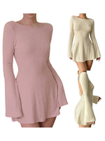 Women Spring Autumn Mini Dress Long Sleeve Crew Neck Backless Solid Color A-line Dress for Party Club