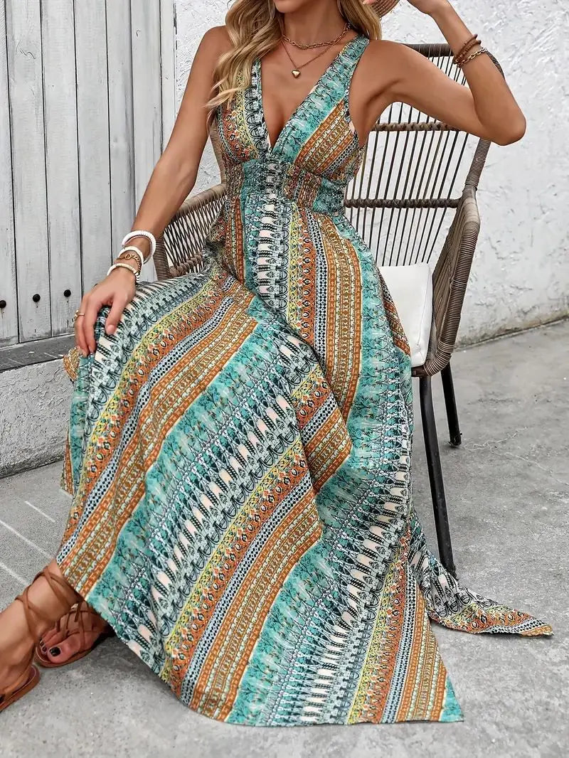 Bohemian Style Print Sleeveless Long Dresses Women Summer V-neck Backless Leace-up Slit Dress Casual Lady Vacation Vestidos