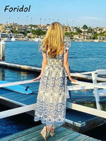 Blue Floral Embroidey Summer Beach Dress Women Casual Holiday Bohemian Dress Boho Sundress Maxi Long Vestidos Fashion Clothes