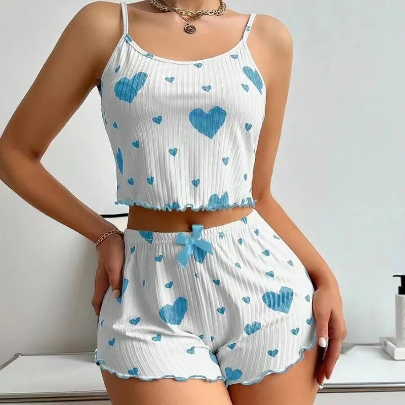 Heart Print Ribbed Frill Trim Pajama Set, Cute Bow Notched Neck Cross Strappy Backless Crop Cami Top & Elastic Shorts, Women's