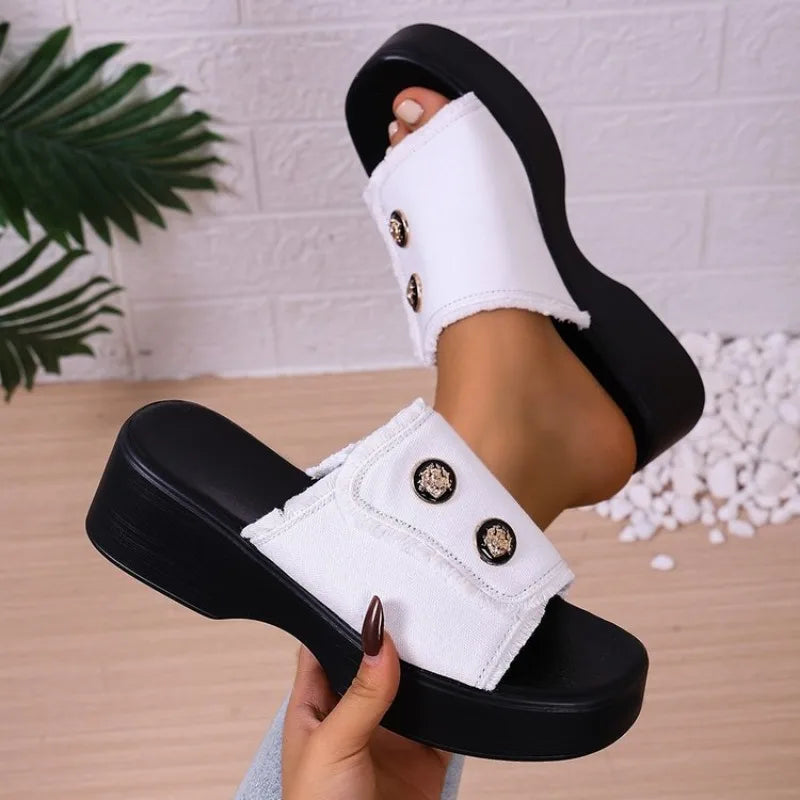 Leopard Print Women's Shoes Wedge Slippers Square Toe 2026 Summer New Fashion Platform Outdoor Beach Slippers Sandalias De Mujer