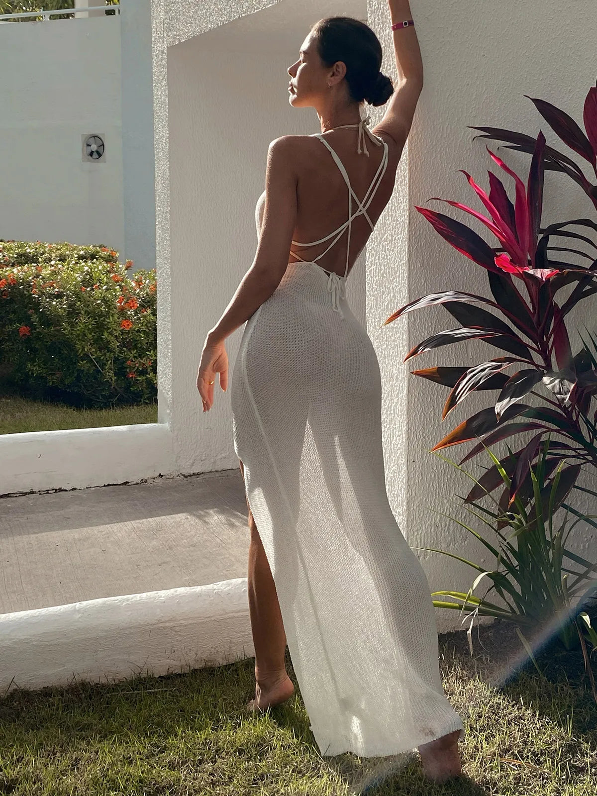 S - XL V Neck Slit Long Dress Sexy Mesh Backless Knitted Crochet Tunic Beach Cover Up Cover-ups Beach Dress Beachwear V3767B