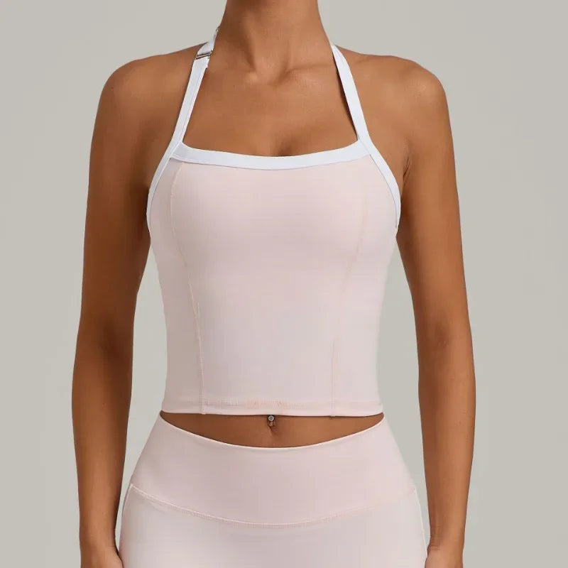 Women's Seamless Yoga Tank Top - Adjustable HALTER Neck & Quick-Dry Fitness Shirt Color Block Running Sports Gym Workout Top