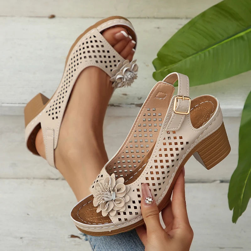 Fashion Flowers High Heels Sandals Women Back Strap Hollow Out Summer Sandles Woman 2025 Plus Size Thick Heeled Sandalias Mujer