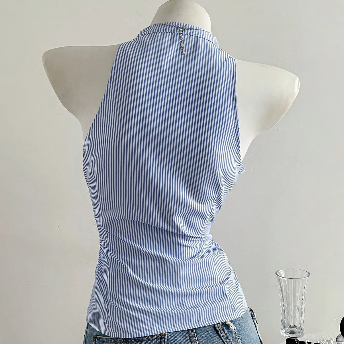 Summer Casual Shirt Women's Blue Striped Halter Top V Neck Button Down Sleeveless Slim Fit Blouse 2026 Y2K Style Streetwear