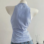 Summer Casual Shirt Women's Blue Striped Halter Top V Neck Button Down Sleeveless Slim Fit Blouse 2026 Y2K Style Streetwear