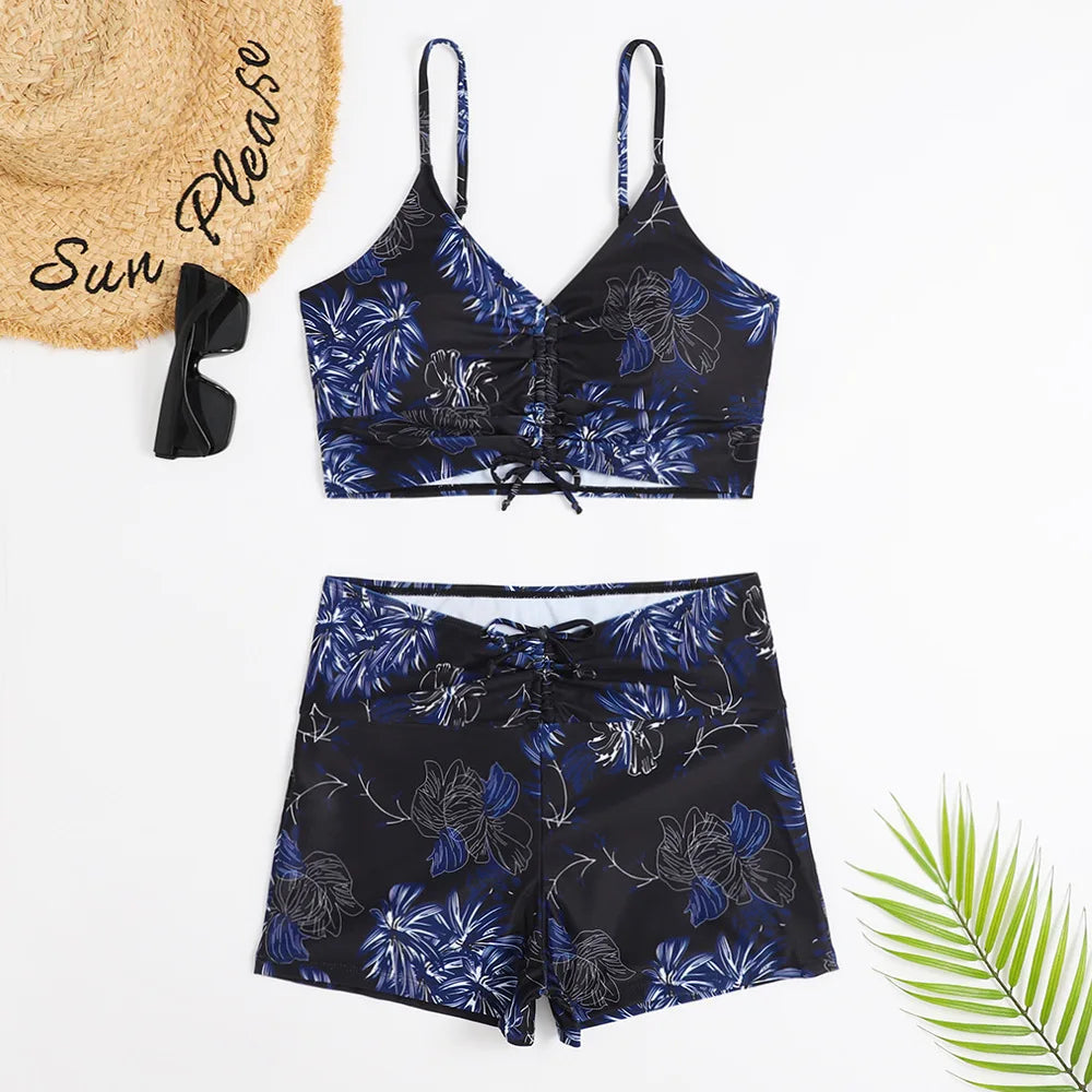 High Waist Bikini Swimsuit Women 2024 Floral Print Swim Suits Drawstring Front Shorts Boxers Swimwear Trunks Pool Bathing Suit