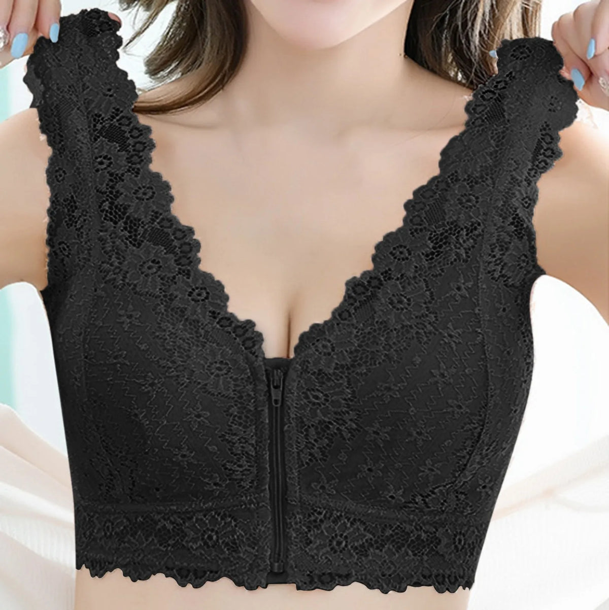 Zipper Sexy Lace Bras For Women V Neck Push Up Padded Brasiere Tops Hollow Out Bralette Breathable Comfortable Women'S Underwear