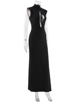 Ahagaga Fashion Sexy Women's Maxi Dresses Turtleneck Short Sleeves Hollow Out Lace Patchwork Sheath Split Party Solid Vestidos