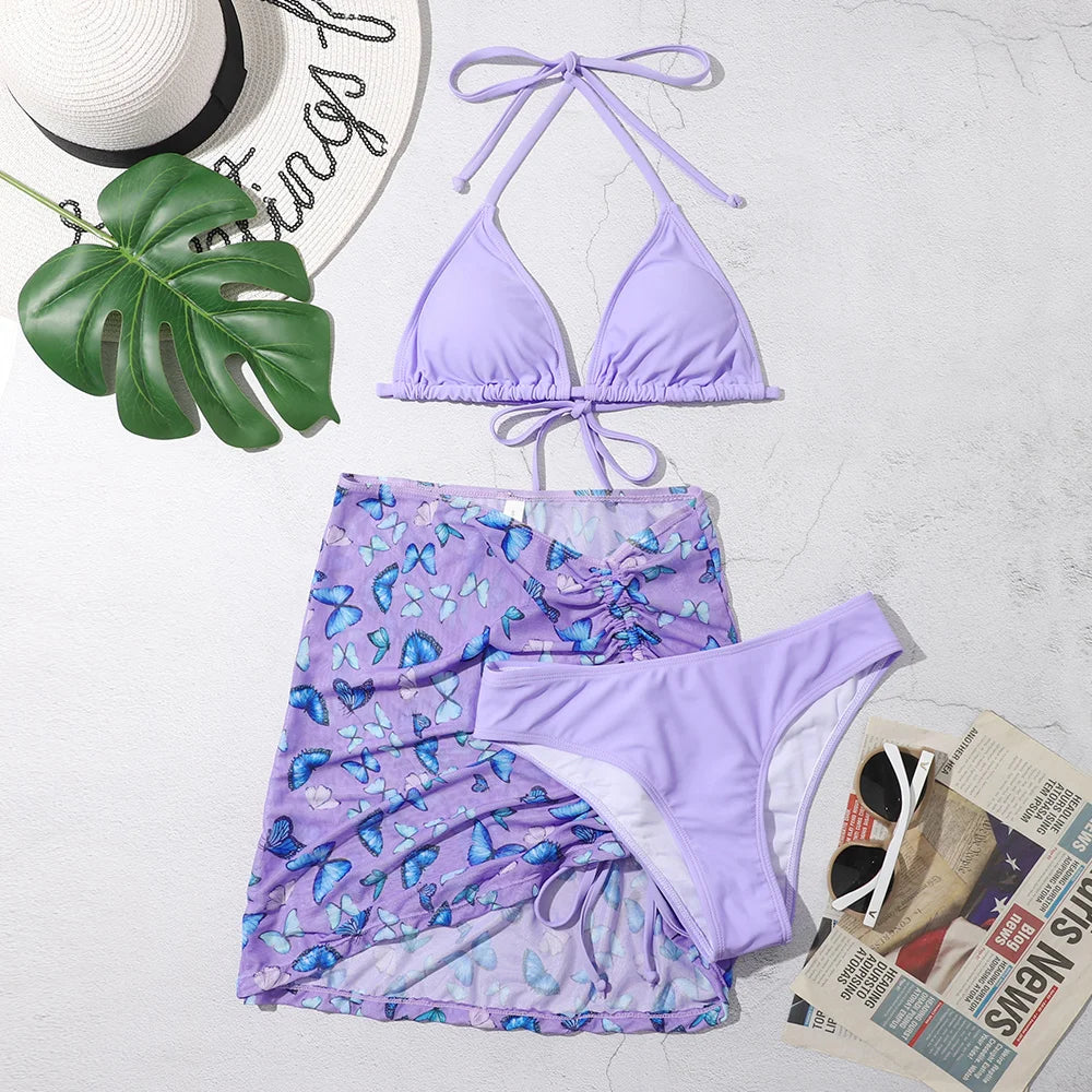3 Pieces Bikini Set With SkirtTie Dye String Thong Bathing Suit Women Swimsuit FemaleSwimwear Beach Wear Swim Lady Summer