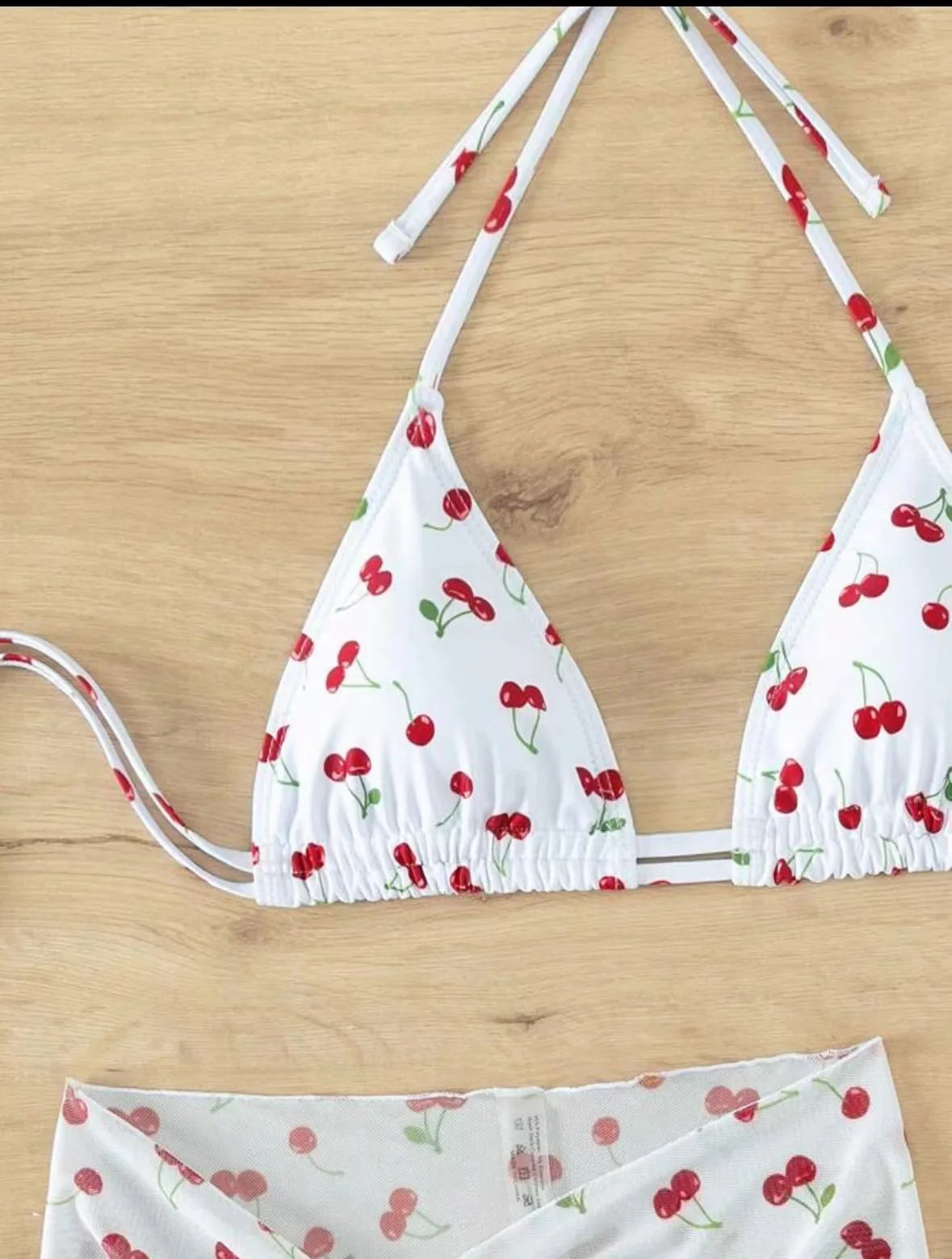 Women French Chic Cherry Print Bikini Sets Three Pieces with Mesh Skirt Swimsuit Swimwear Bathing Suit Beach Outfits Biquini