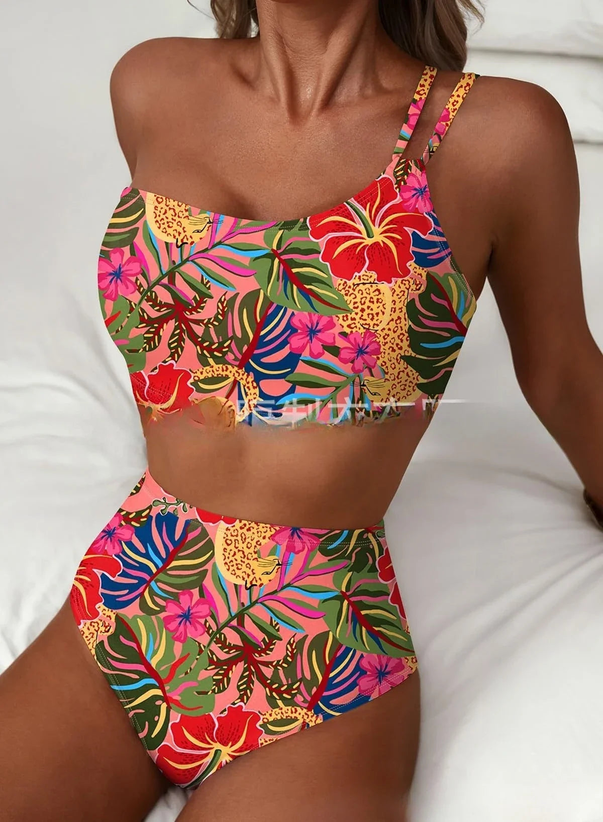 Women Sexy High Waist Split Swimsuit Lace Up Floral Bikini Set Summer Two-piece Beachwear Bathing Suit Thong Biquinis