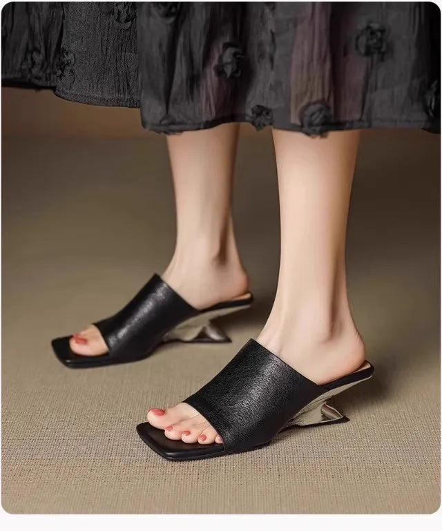 LuxeSquare Toe Slide Sandals Premium Leather One Strap Mules Chunky Sole Backless Loafers Dressy Casual Summer Shoes