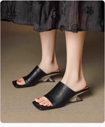 LuxeSquare Toe Slide Sandals Premium Leather One Strap Mules Chunky Sole Backless Loafers Dressy Casual Summer Shoes