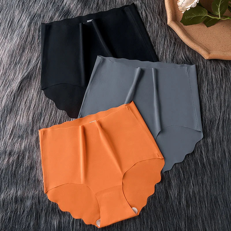 3Pcs/Set Women Ice Silk Panties Wavy Trim Seamless Underwear High Waist Panty No Show Briefs Invisible Ladies Lingerie M-XXL