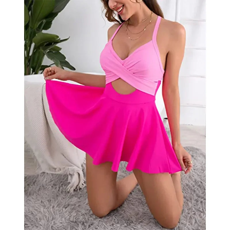 Patchwork Swimwear Women 2026 V-neck One Piece Bikini High Waist Hollow Out Monokini Summer Cross Bandage Backless Beachwear