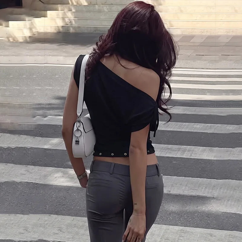 FDYOUI Women's Diagonal Collar Gray T-shirts Y2K Female Off Shoulder Lace-up Holes Cropped Tops Casual Black T Shirt Streetwear