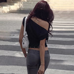 FDYOUI Women's Diagonal Collar Gray T-shirts Y2K Female Off Shoulder Lace-up Holes Cropped Tops Casual Black T Shirt Streetwear