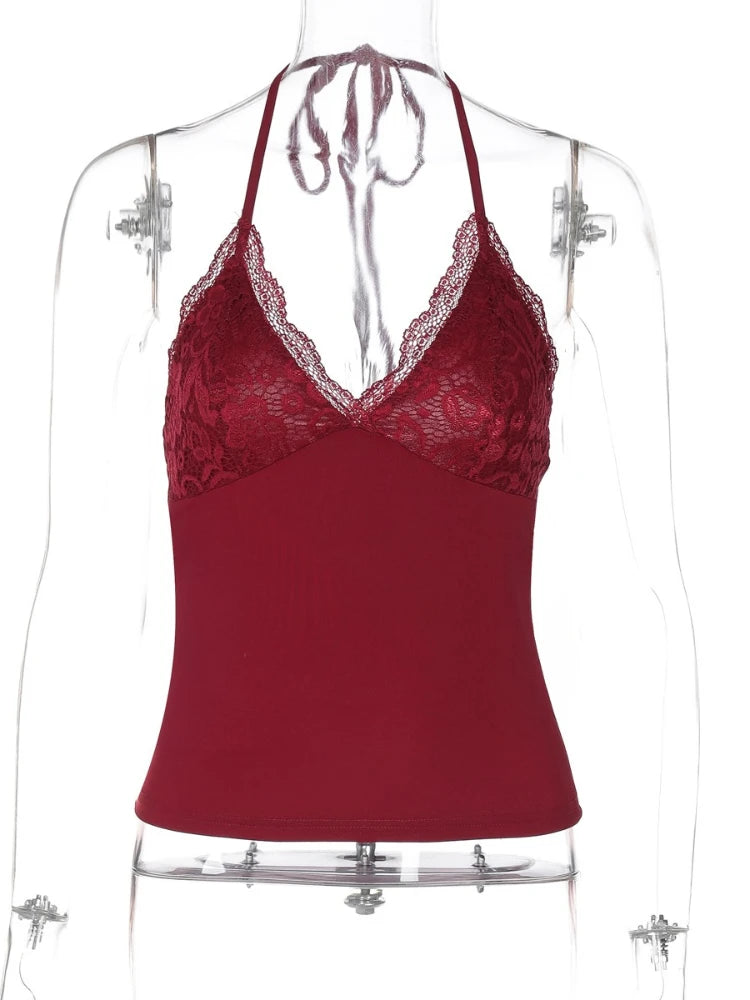FDYOUI Woman Clothing Lace Patchhwork Camisoles Top Y2K Streetwear Sexy Halter Neck Bandage Cropped T-shirt Female Corset Tops