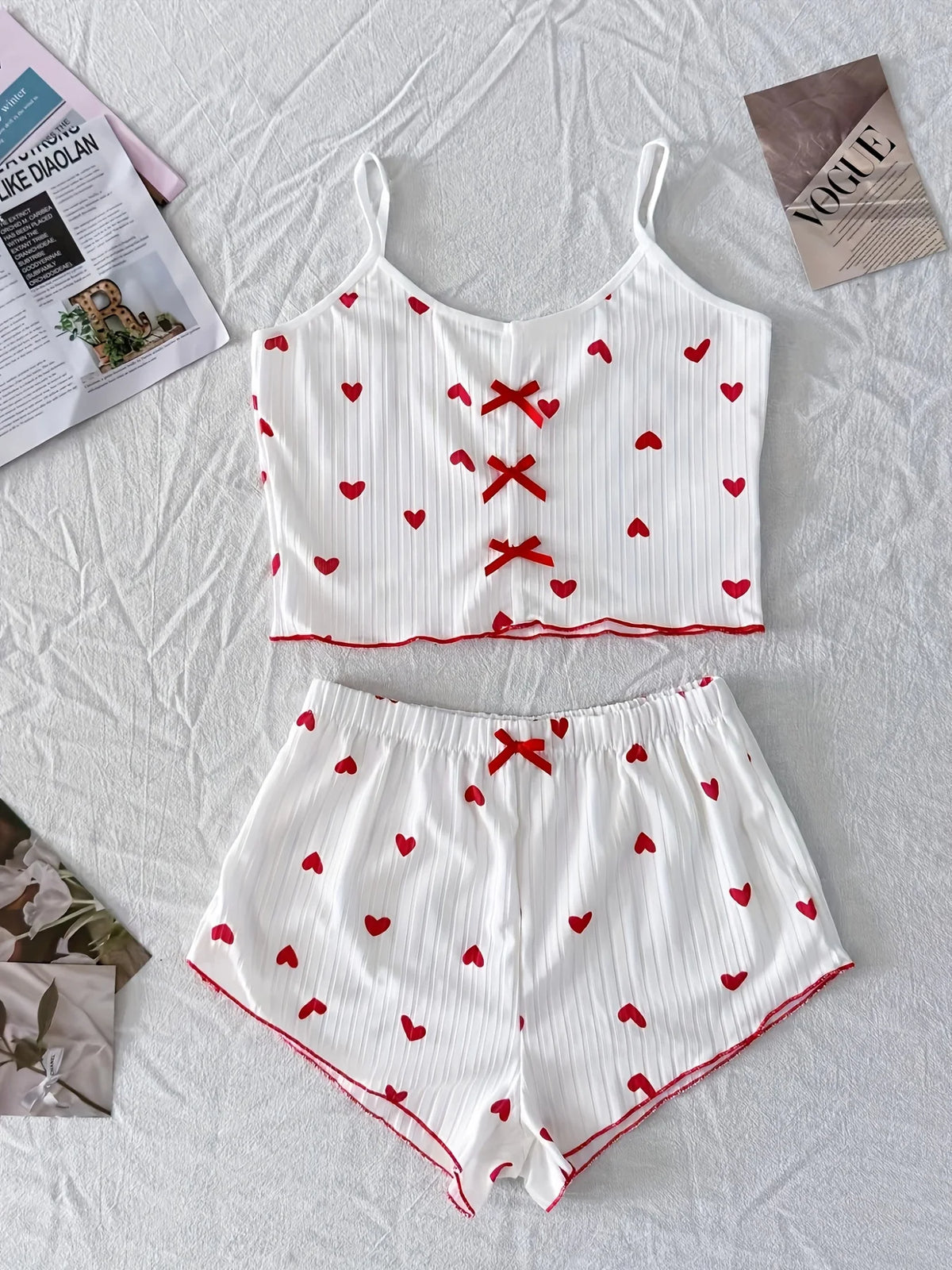 Women's Heart Print Sexy Ribbed Bow Decor Pajama Set, Round Neck Backless Comfortable Crop Cami Top & Shorts, Summer Nightwear