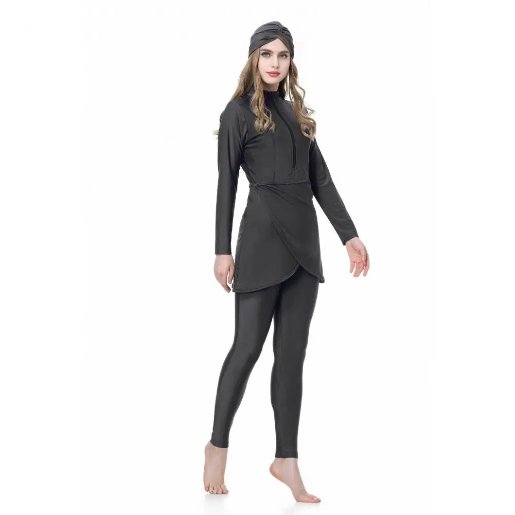 3Pcs/Set Women Split Swimsuit Front Skirt Secure Zipper Closure UV Protection Tops Long Swimming Trousers Set With Headscarf