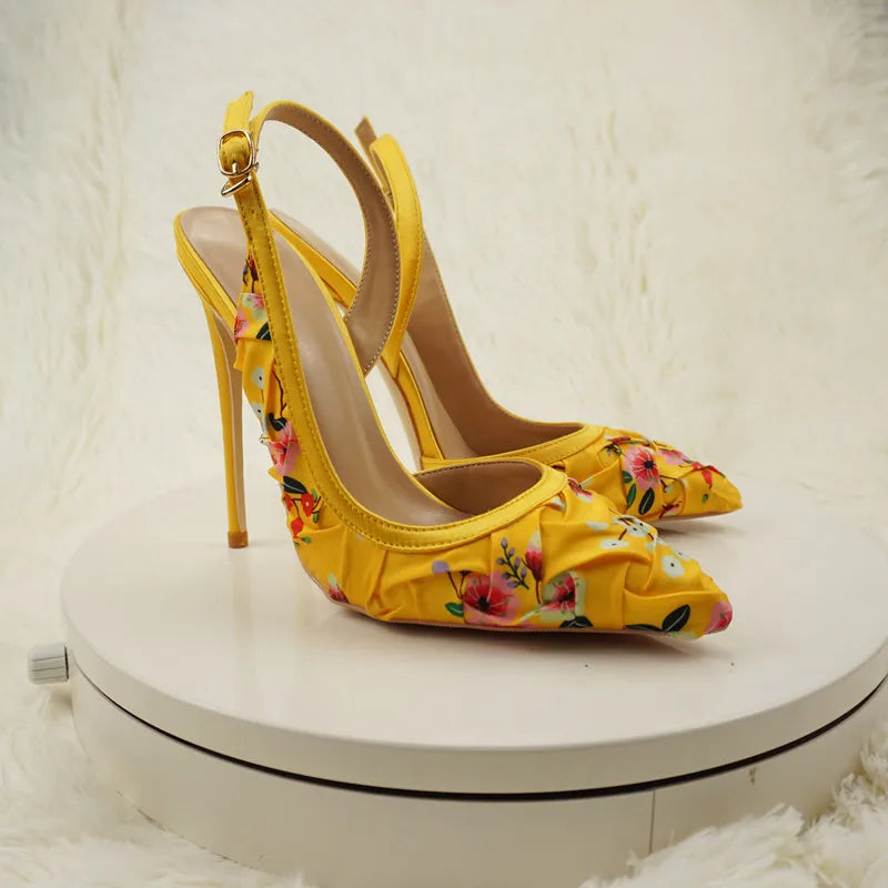 NoEnName_Null-Blue satin women's high heel sandals, dance, flowers, Silk patterned high-heeled shoes 12cmBanquet shoes