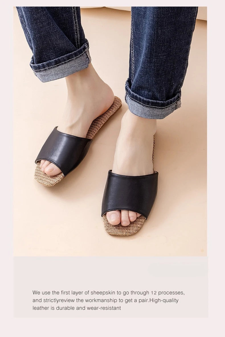 2026 New Breathable Linen Slippers For Women Men Spring Summer House Shoes Soft PU Leather Anti-slip Couples Home Floor Slides