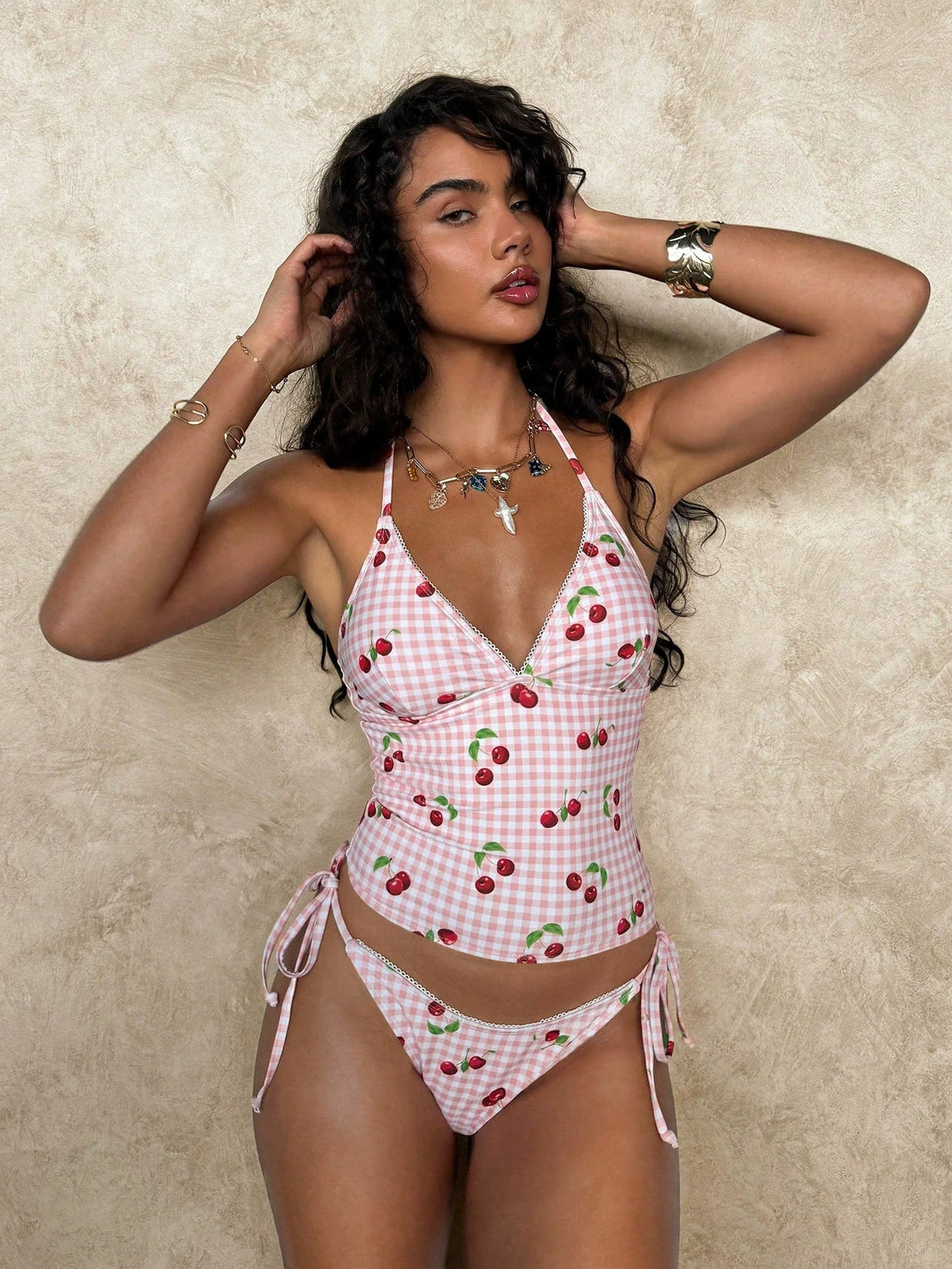 DEKA Pure Desire Pure Pink Cherry Bikini Set Push Up Mesh Lace Up Sexy Swimwear Wrap Print Pattern Spice Girls Swimsuit