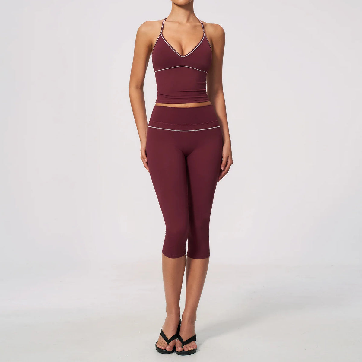 Summer Color Blocking Yoga Suit Women Tracksuit Hanging Neck V Neck Slim Sports Vest Tight Hip Lifting Capri Pants Fitness Sets