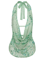 Women Flower Sequins Halter Vest Sleeveless Backless Deep V Neck Camisole Vintage Sexy Tank Top Streetwear